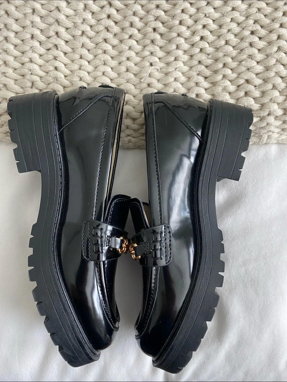 Sam Edelman Black Patent Loafers with Gold Chain Accent
